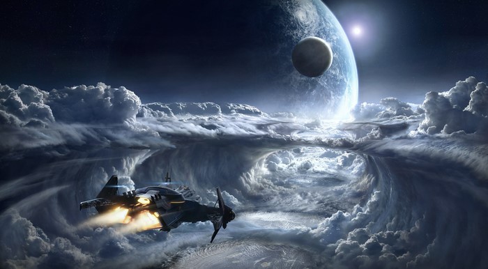4K Star Citizen ship flying through clouds near planets