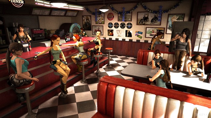 Lara Croft from Tomb Raider in a diner