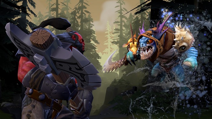 Axe and Slark from DOTA 2 fighting in a forest