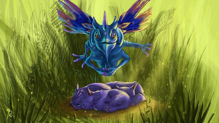 Puck from DOTA 2 in a grassy field