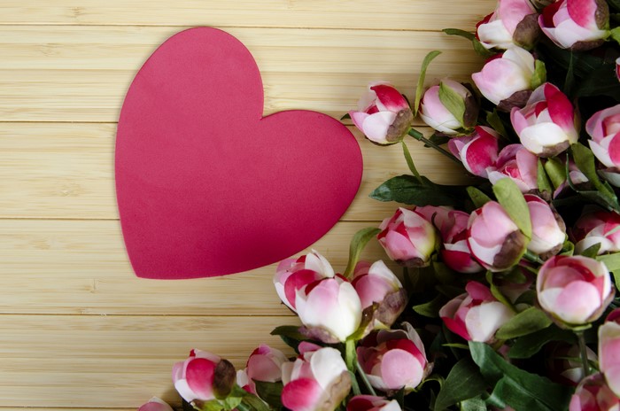 Pink Peonies and Heart on Wooden Background