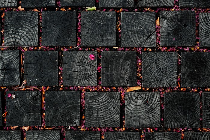Dark wood blocks with pink flowers and leaves