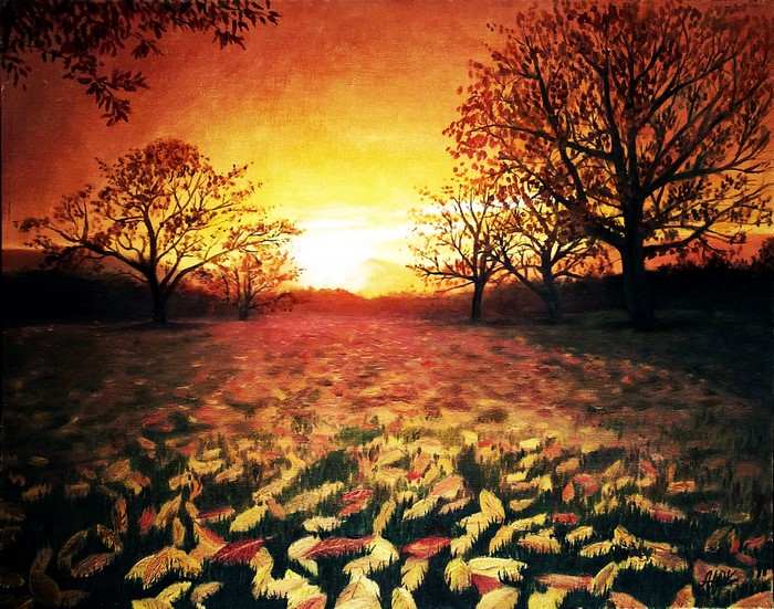 Painting of trees at sunset with fallen leaves