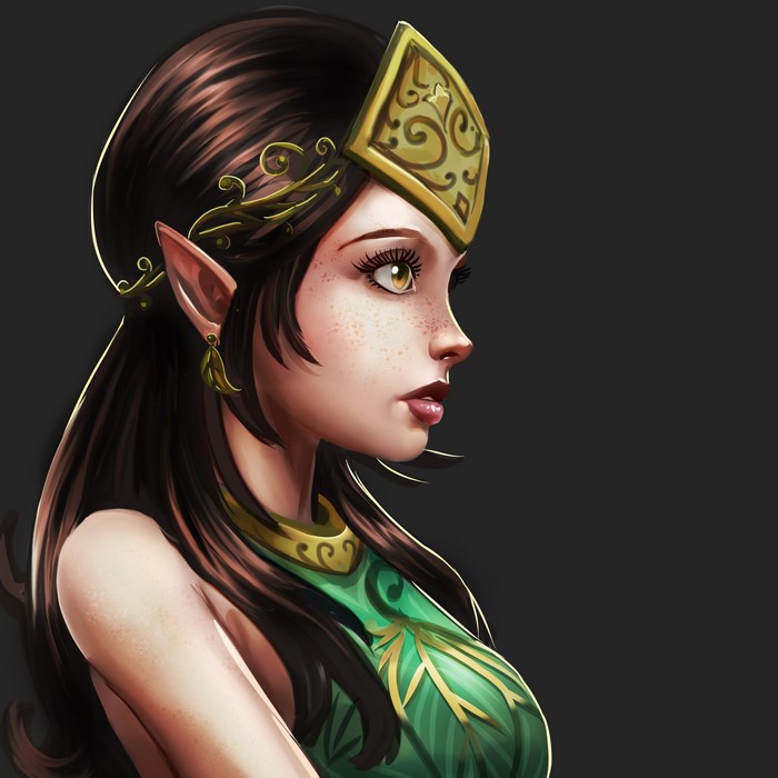 Elf woman with brown hair and golden headdress