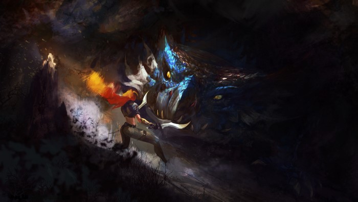 Warrior fighting a dragon