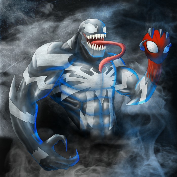 Venom holding Spider-Man's mask