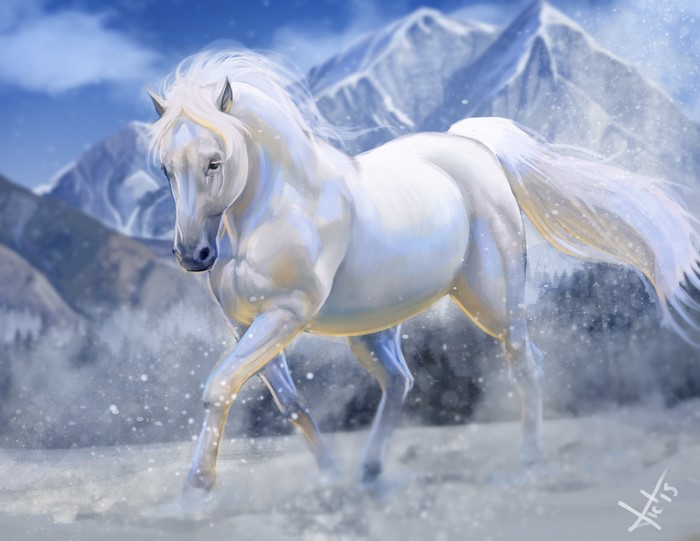 White horse running in a snowy mountain landscape