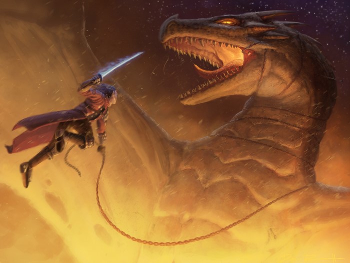 Man with sword fighting a chained dragon