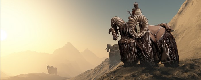 A person rides a large horned creature through a desert landscape