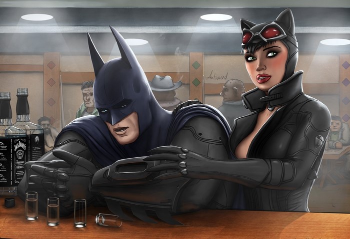 Batman and Catwoman at a bar with Jack Daniels