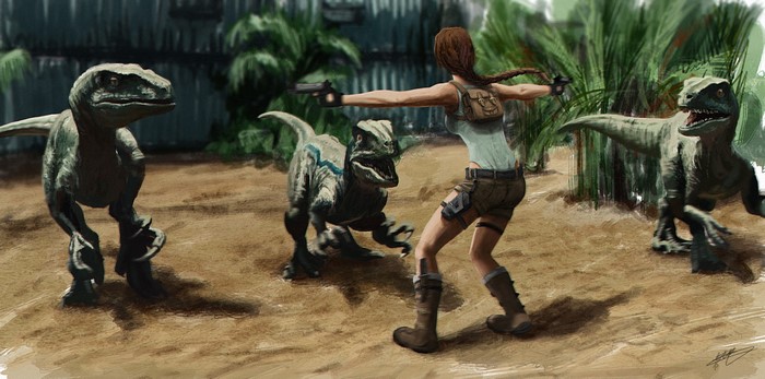 Lara Croft fighting dinosaurs with pistols