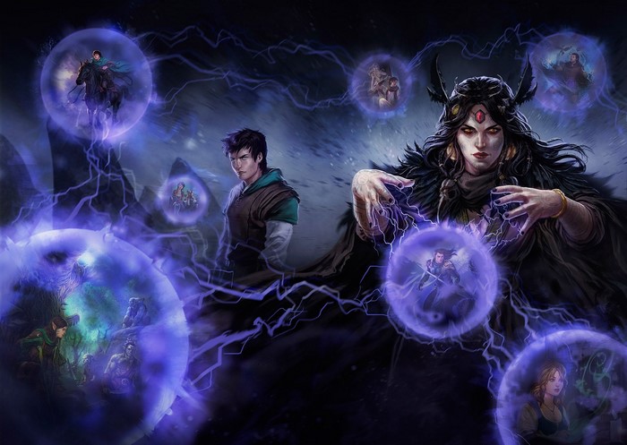 Sorceress and young man with magical orbs
