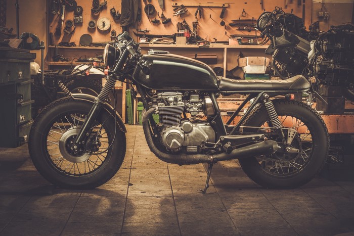Custom Cafe Racer Motorcycle in Workshop