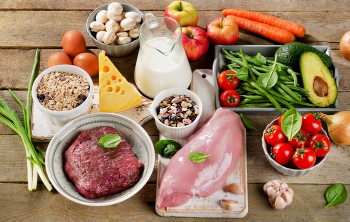 Assortment of Raw Meats, Dairy, Vegetables, and Fruits