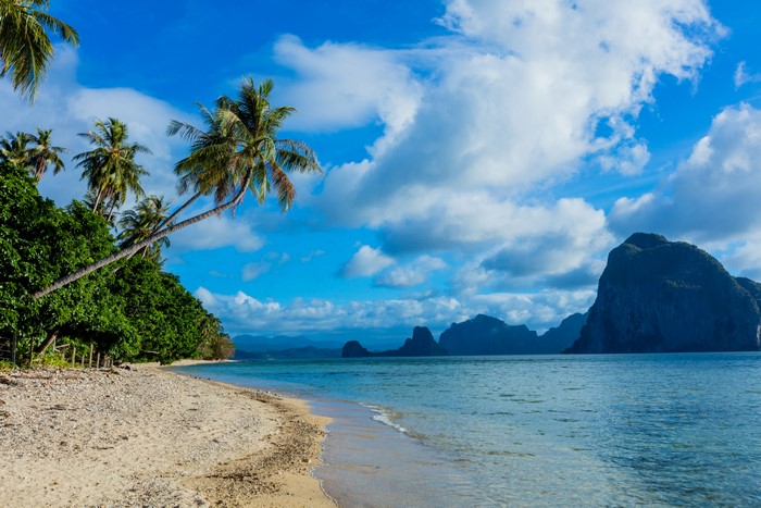 Tropical Beach with Palm Trees and Mountains in the Philippines