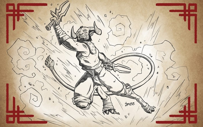 Minotaur warrior with horns and weapons in DOTA 2