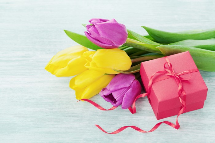 Tulips and a gift box with ribbon