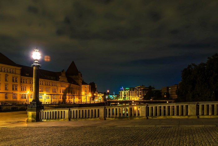 Night view of buildings and bridge in Berlin, Germany