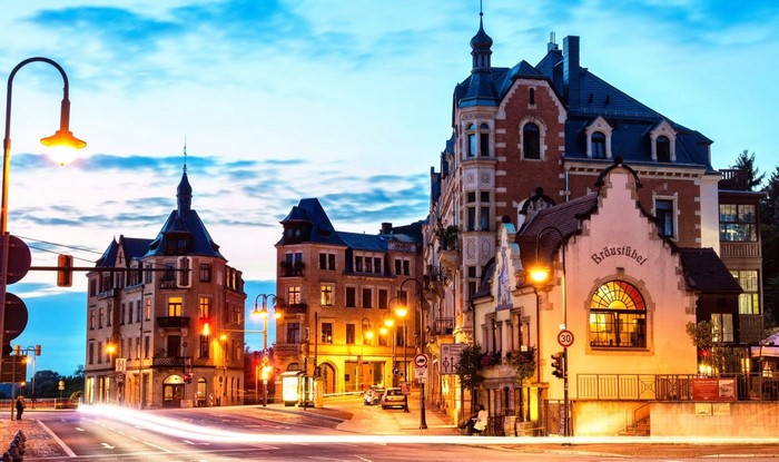 Street scene in Dresden, Germany at dusk