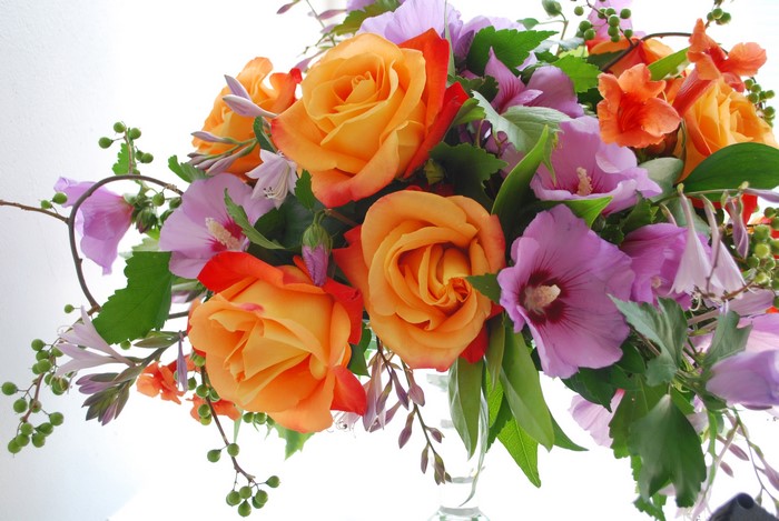 Orange Roses and Purple Mallow Flowers
