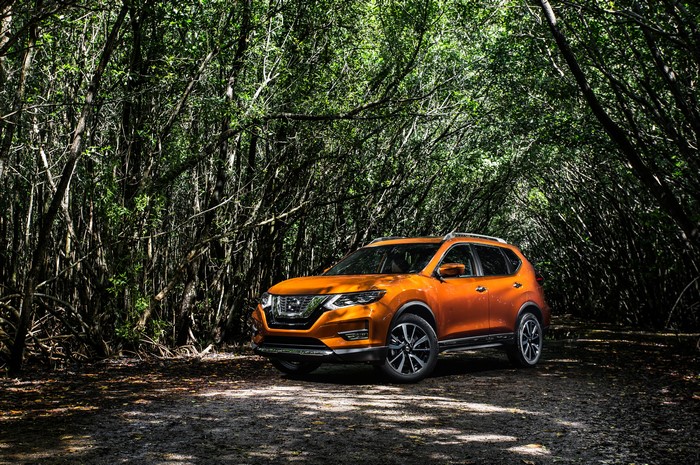 Orange 2017 Nissan Rogue in Forest