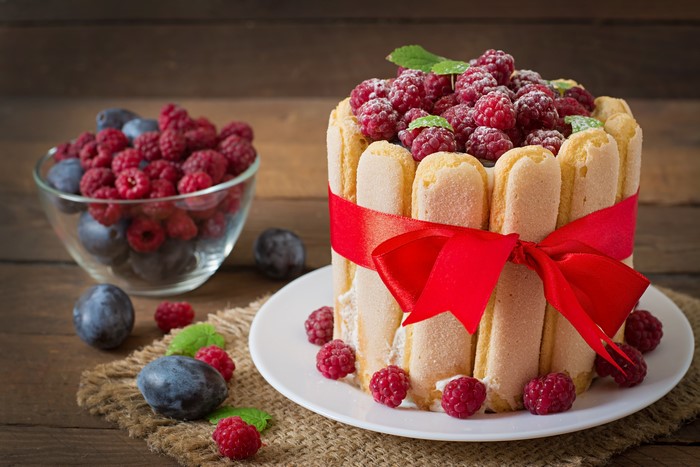 Raspberry and Plum Charlotte Cake with Red Bow