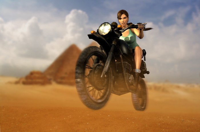 Lara Croft on a motorcycle in Tomb Raider Anniversary