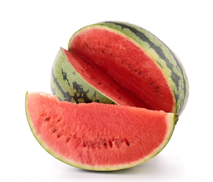 Watermelon slice and half on white background