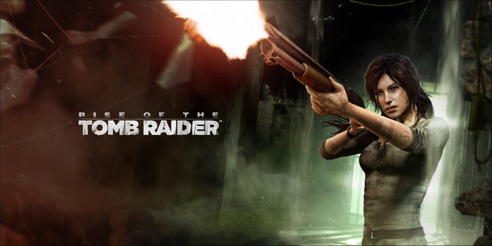 Lara Croft from Rise of the Tomb Raider firing a shotgun