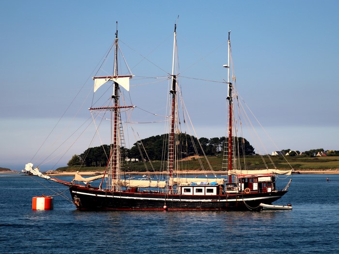 Sailing ship anchored in a bay with trees and houses on the shore