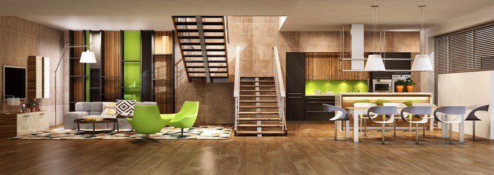 Modern Living Room, Dining Room, and Kitchen with Stairs