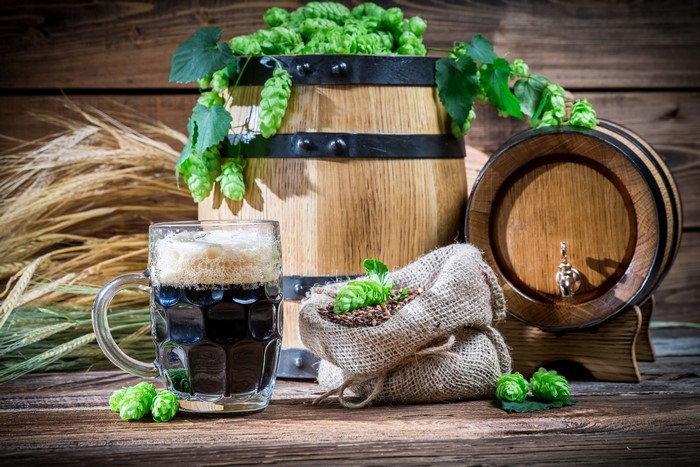 Beer Mug, Hops, Wheat, and Barrels