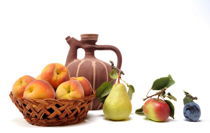 Still life with peaches, pear, apple, plum, and jug