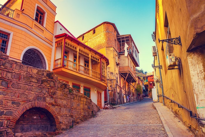 Tbilisi, Georgia: Old Town Street with Traditional Houses