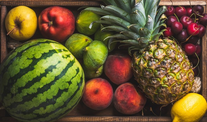 4K Fruit Assortment: Watermelon, Pineapple, Peaches, Cherries, Apples, Lemon