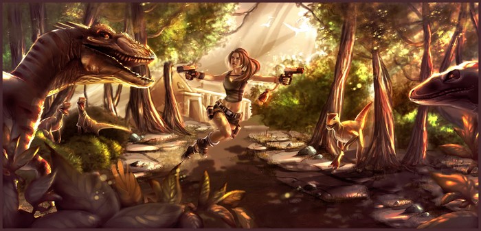 Lara Croft from Tomb Raider fighting dinosaurs in a jungle