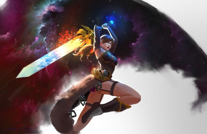 Woman with glowing sword in space