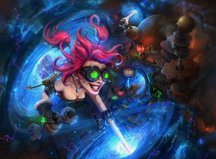 Crazy scientist with pink hair in a portal