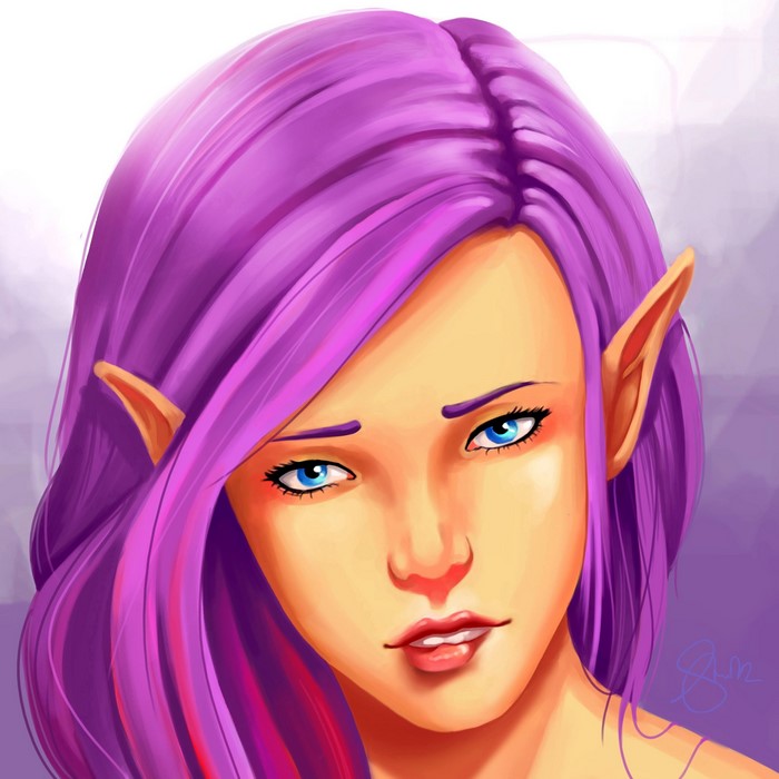 Elf with purple hair and blue eyes