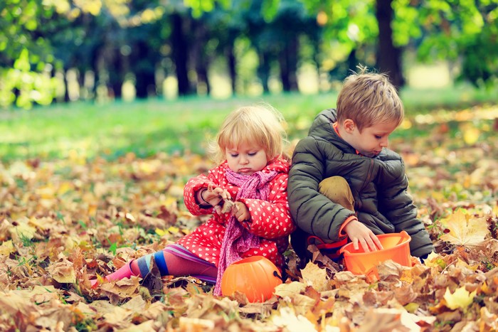 Two children playing in autumn leaves