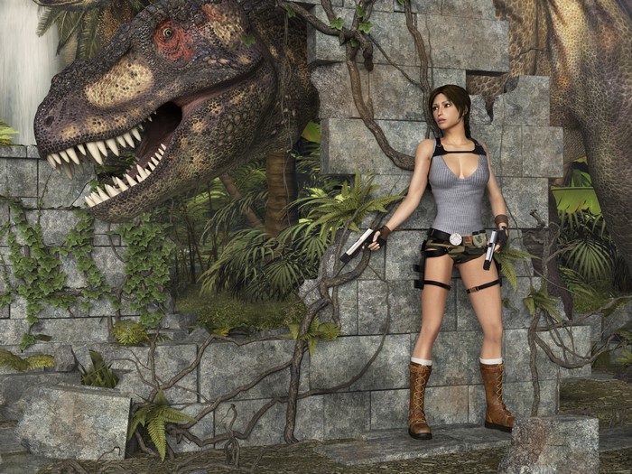 Lara Croft and a Tyrannosaurus Rex in a jungle ruin