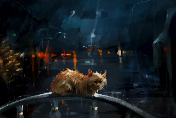 Painting of a cat in the rain at night
