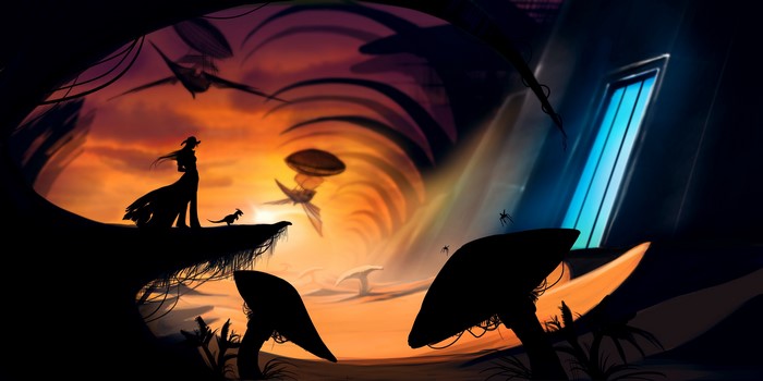 Silhouette of a woman and creature on a cliff overlooking a surreal landscape