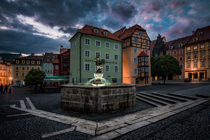 Fountain in Cheb, Czech Republic at Dusk
