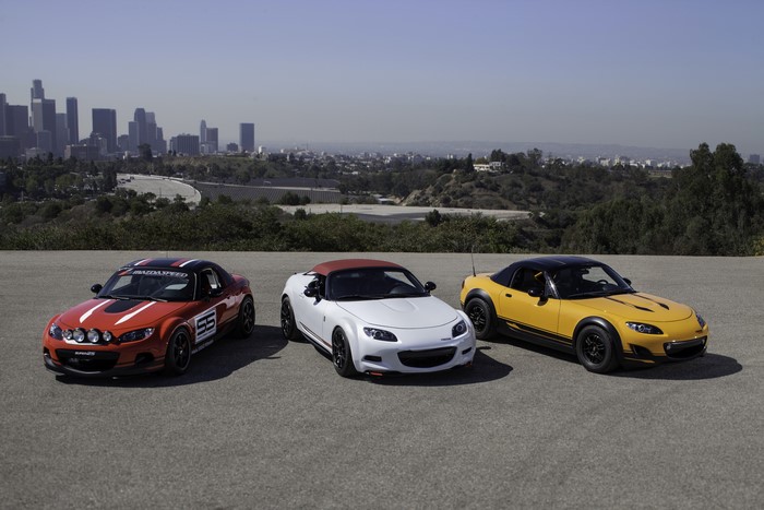 Three Mazda MX-5 cars in Los Angeles