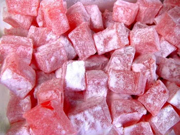 Pink Turkish Delight dusted with powdered sugar