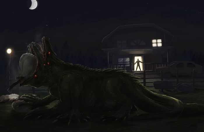 Monster attacking a farm at night