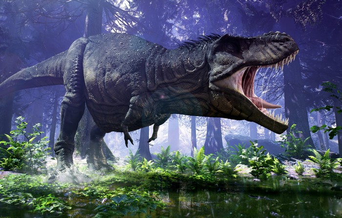 Tyrannosaurus Rex roaring in a prehistoric forest