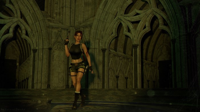 Lara Croft from Tomb Raider holding pistols in a gothic hall