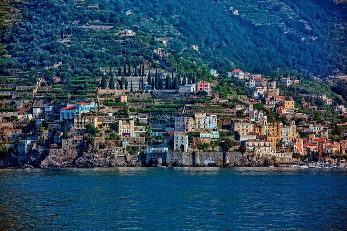 Amalfi Coast town on a mountainside overlooking the sea